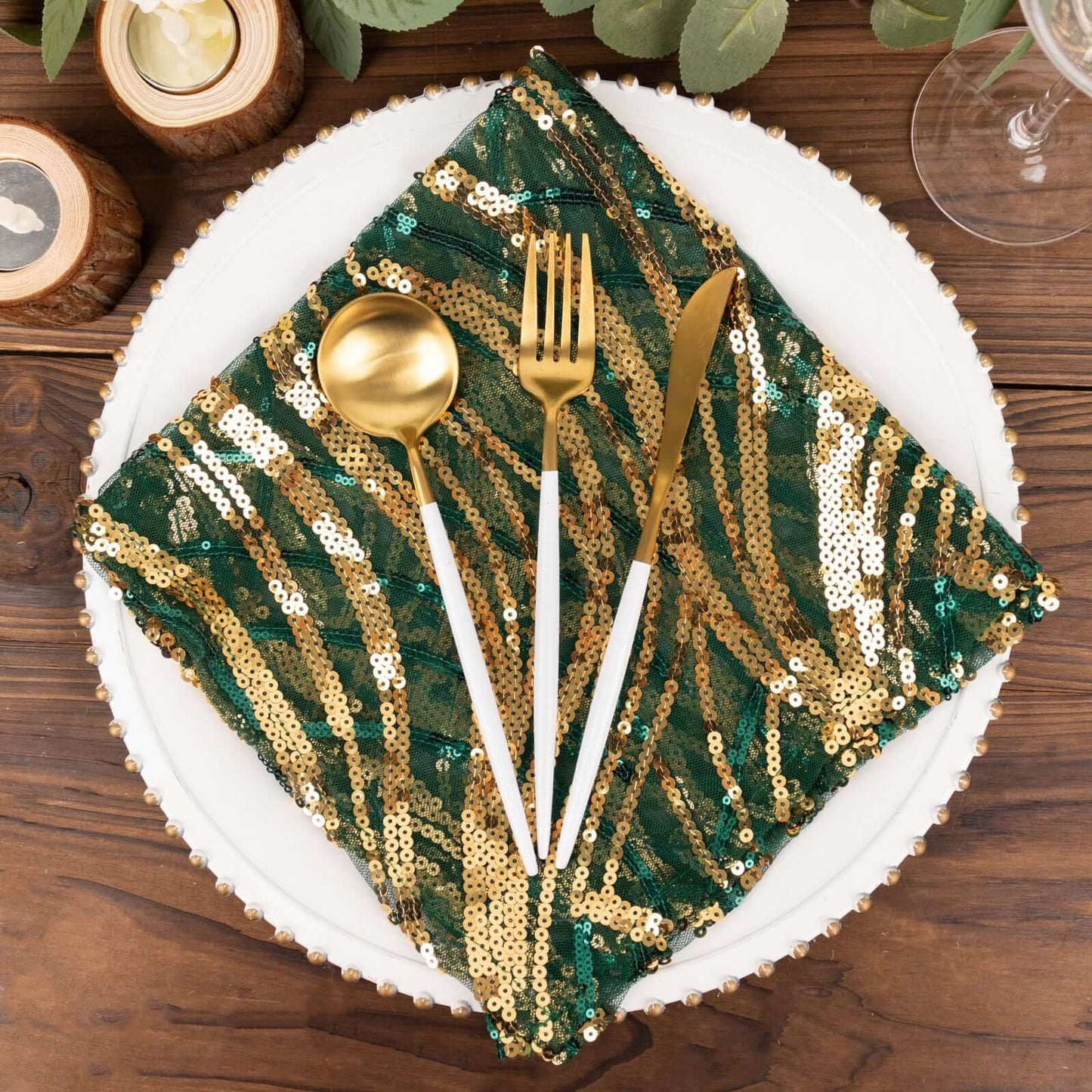 Sequin Mesh 20"x20" Napkin Hunter Emerald Green Gold - Wave Embroidered Reusable Napkin