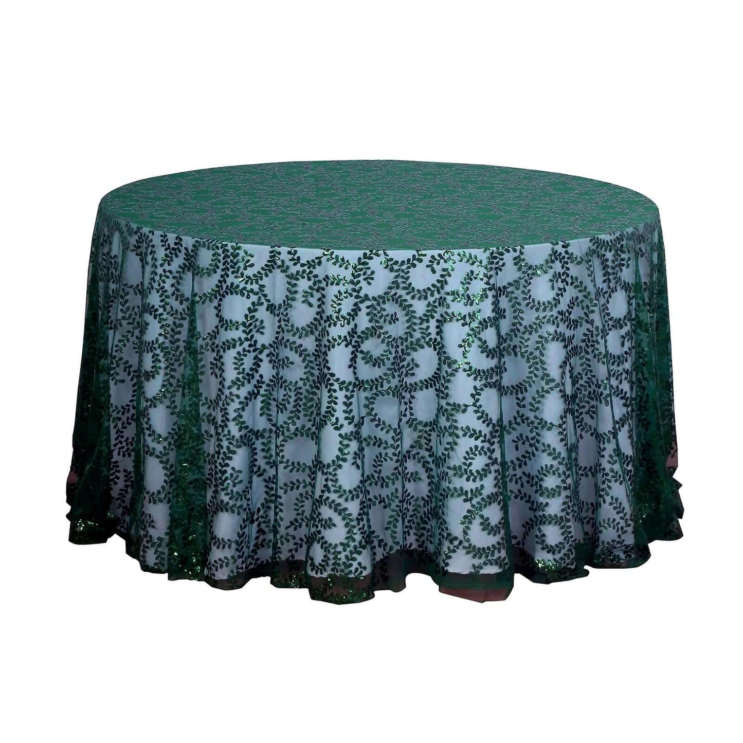 Tulle 120" Round Tablecloth Hunter Emerald Green - Seamless Sequin Leaf Embroidered Table Cover