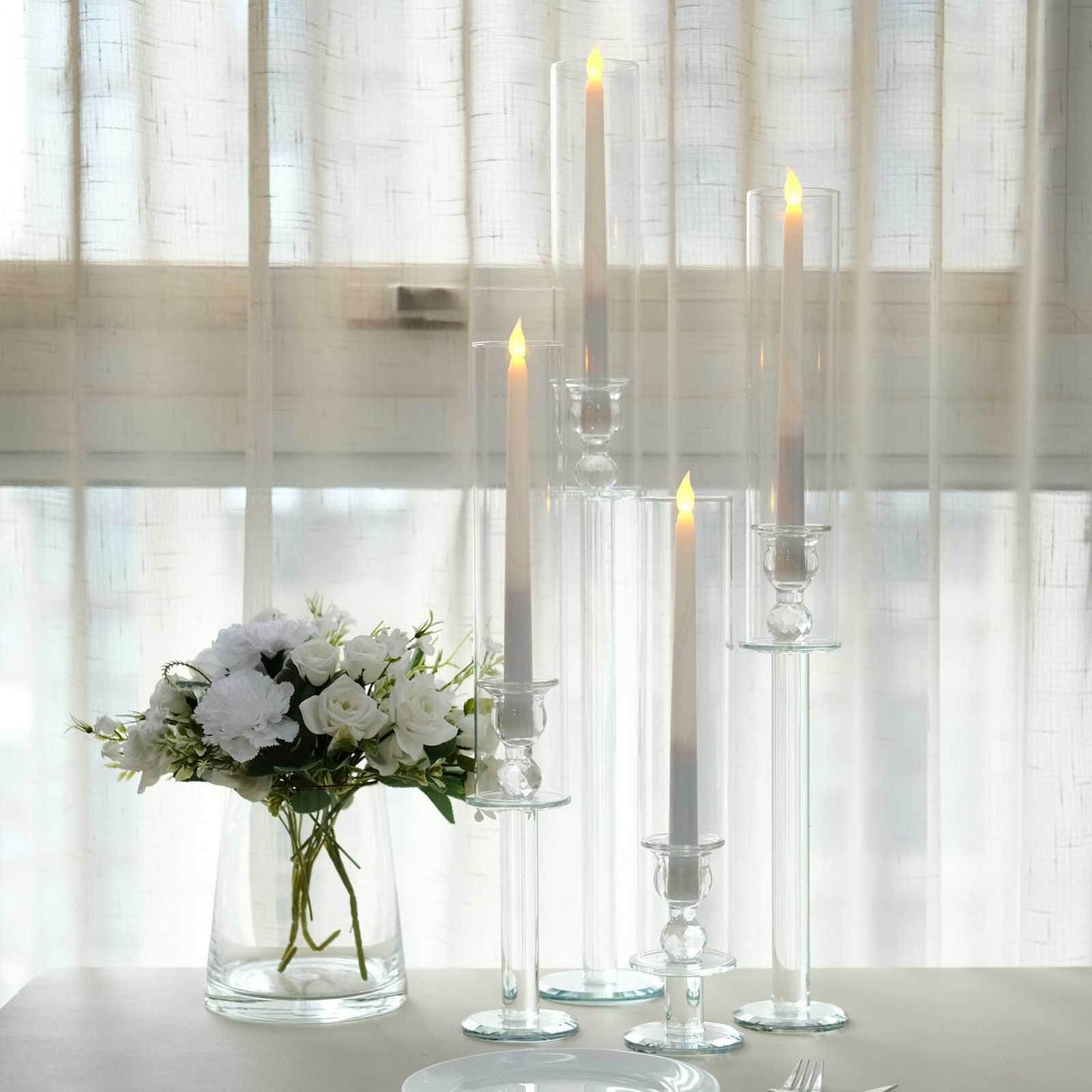 Set of 4 Crystal Glass Hurricane Taper Candle Holders, Decorative Tall Candle Stands Clear Cylinder Chimney Tubes 14", 18", 22", 26"