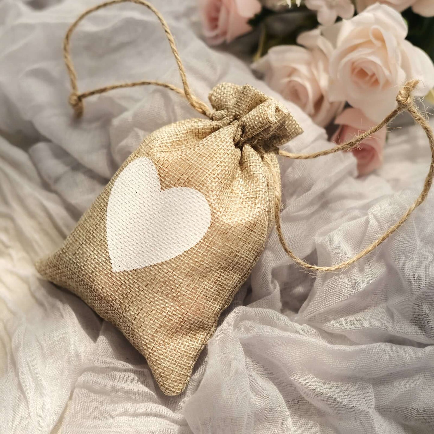 20 Pack 4"x5" Natural Ivory Heart Design Jute Burlap Gift Bags With Drawstring, Rustic Wedding Party Favor Bags