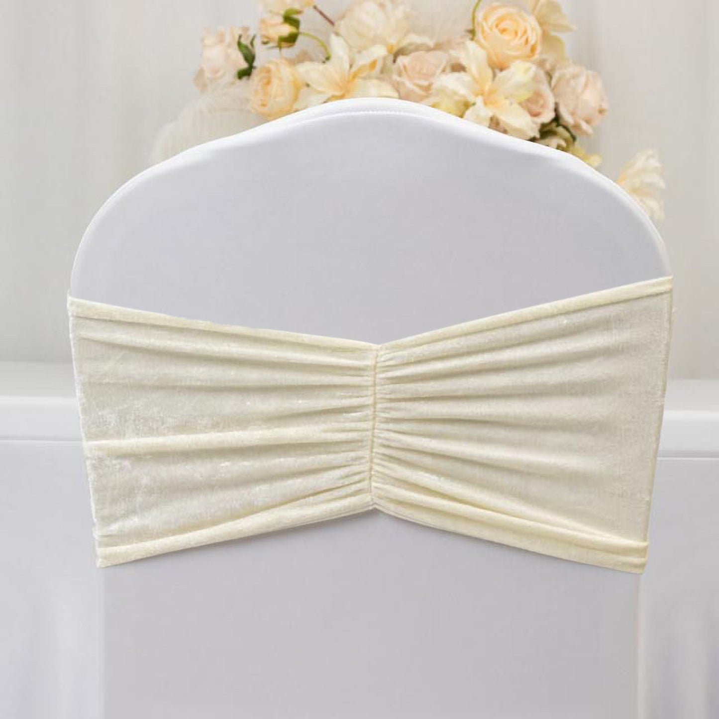 5 Pack Crushed Velvet Chair Bands Ivory Wide Ruffle Style - Textured Chair Sashes for Stunning Event Decor - 8"x15"