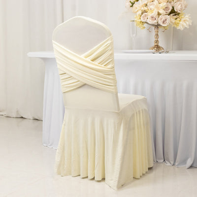 Ivory Spandex Banquet Chair Cover with Ruffle Skirt & Cross Back Sash â€“ Stretch Slipcover for Events