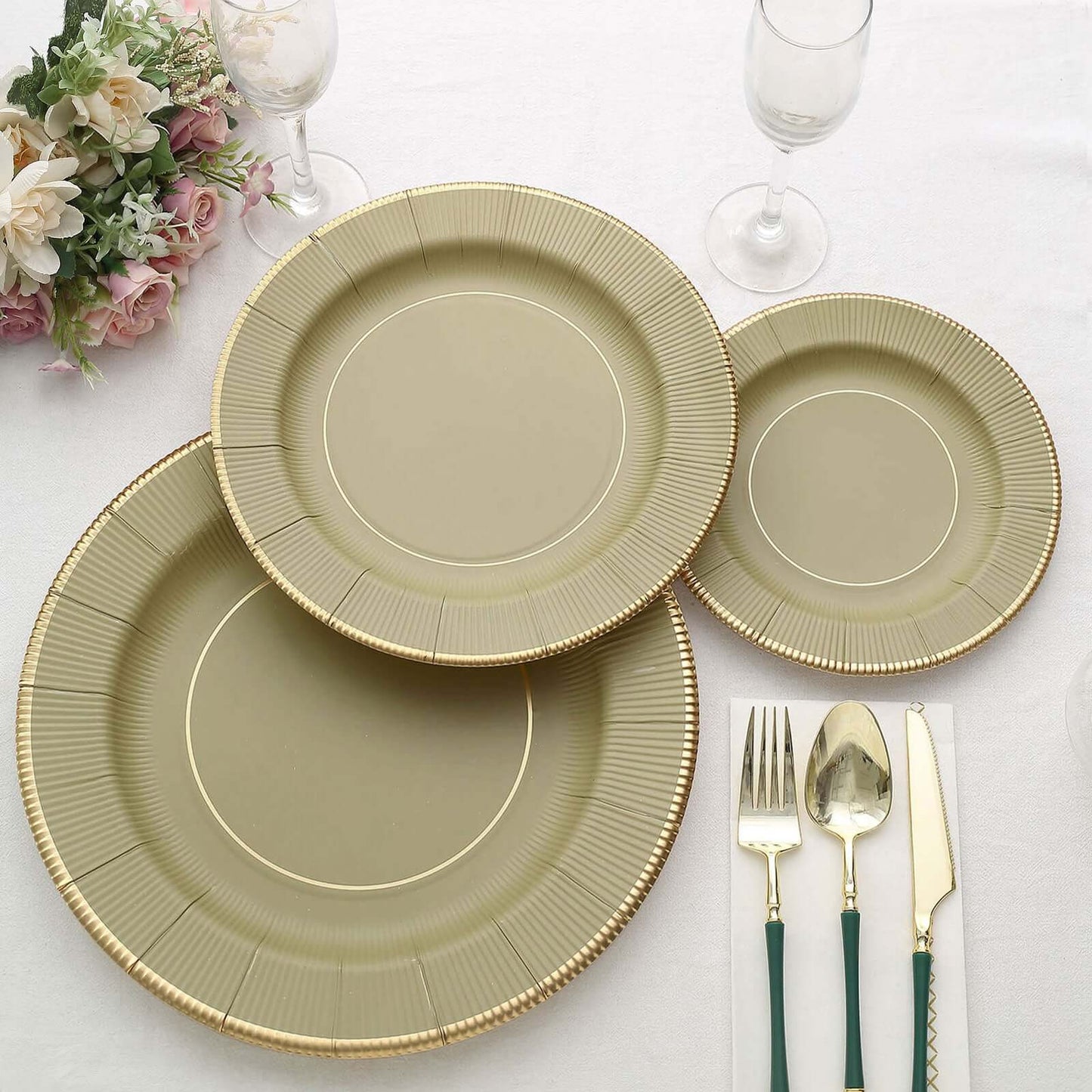 25-Pack Disposable Round Charger Plates in Khaki Sunray Design with Gold Rim - 350GSM Heavy Duty Paper Chargers 13"