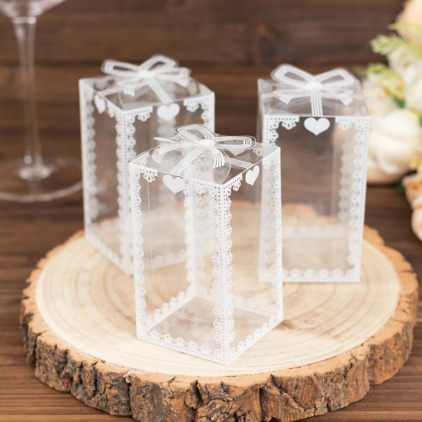 25 Pack Clear Rectangle Candy Gift Boxes With Bowknot and White Lace Pattern, 4" Transparent Plastic Party Favor Boxes - 2"x2"x4"
