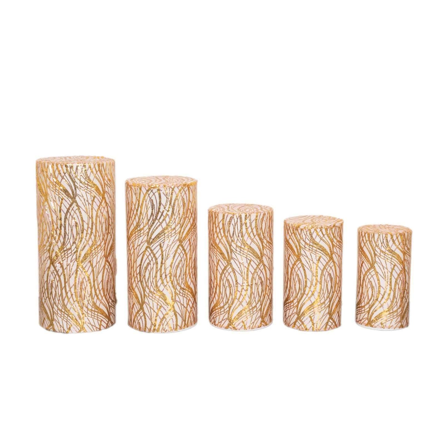 Set of 5 Rose Gold Wave Mesh Cylinder Pedestal Stand Covers with Embroidered Sequins, Pillar Prop Covers - 160 GSM