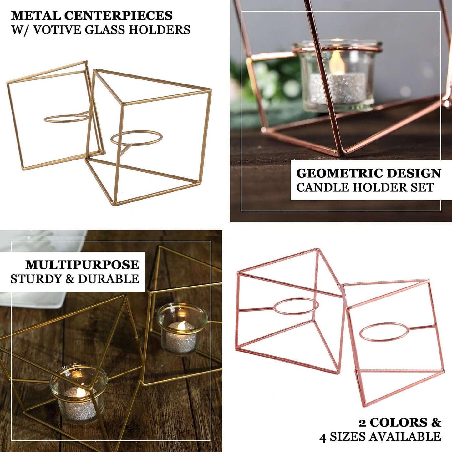 Set of Metal Candle Holders Linked Geometric Design Rose Gold - Chic Votive Glass Decor for Events & Gatherings 9"