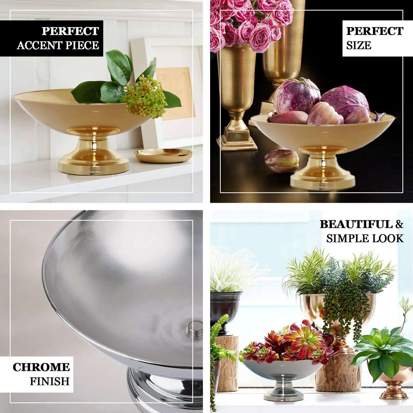 Metal Pedestal Flower Pot Round Design Metallic Silver - Floating Candle Bowl and Display Dish 12"