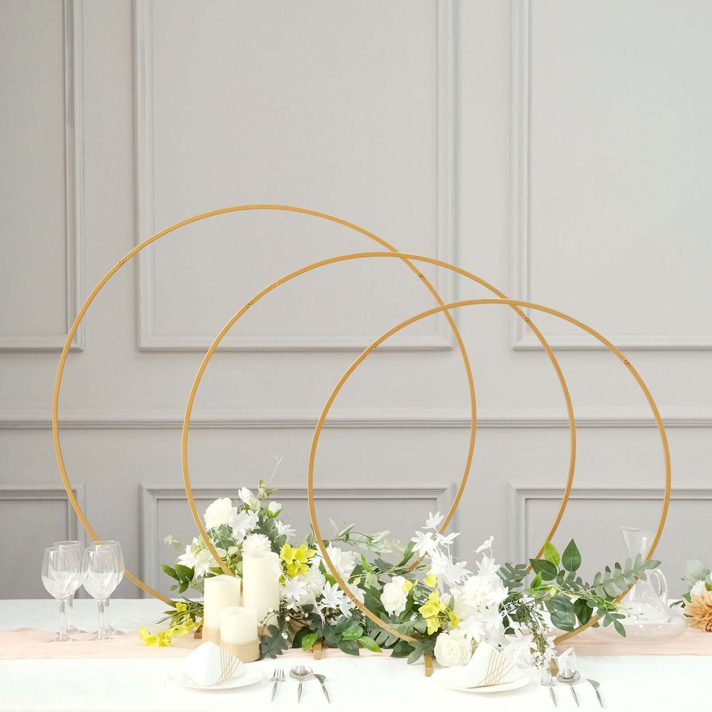 36" Gold Metal Round Hoop Wedding Centerpiece, Self Standing Table Floral Wreath Frame