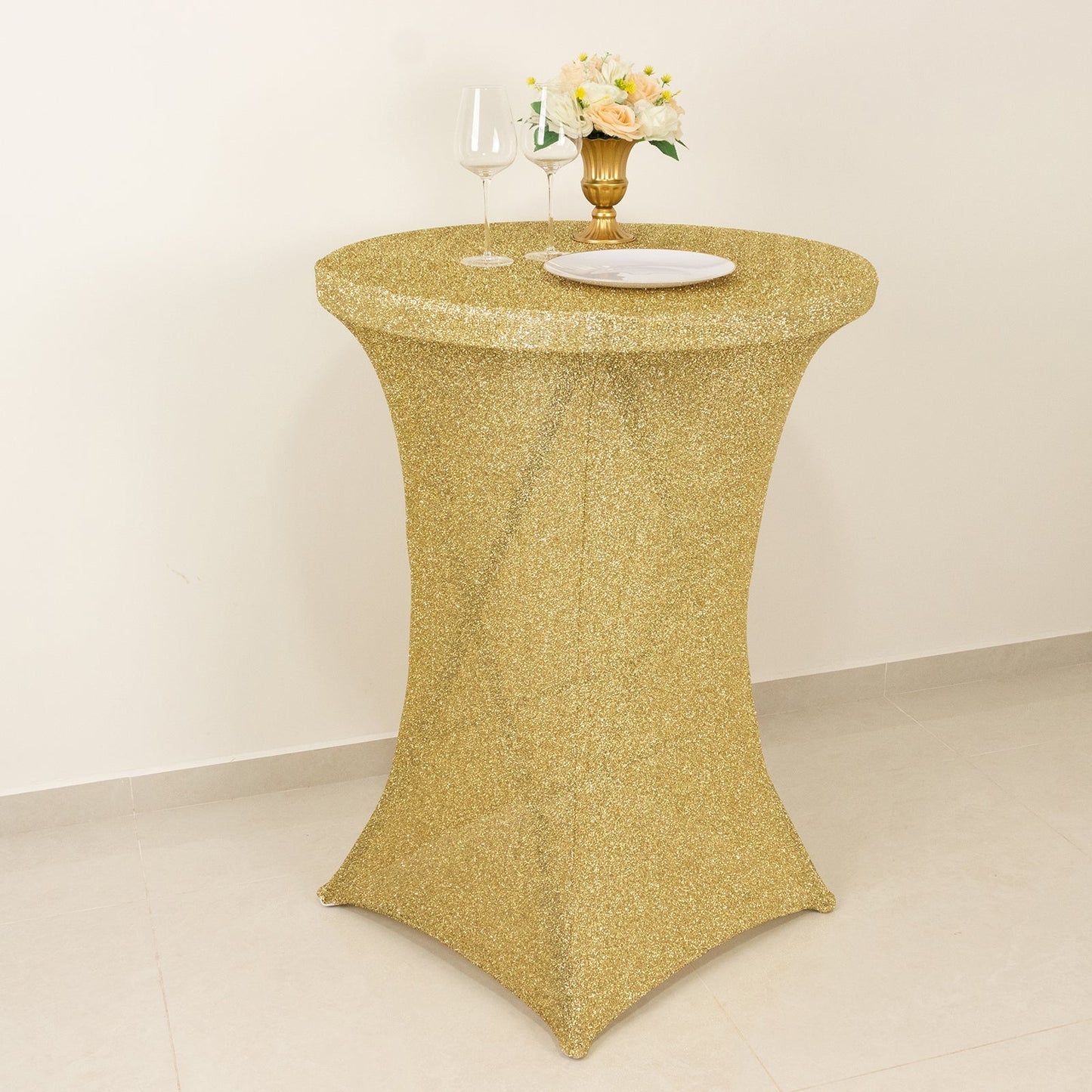 Metallic Spandex 36" Fitted Glitter Round Cocktail Table Cover Champagne - Stretch Fit for High Top Tables