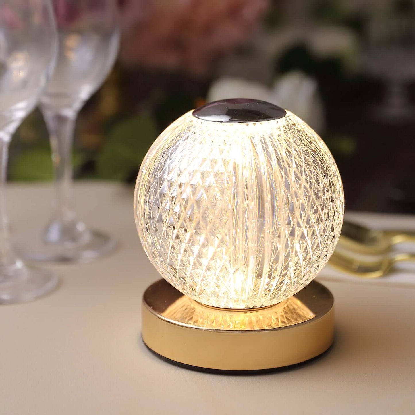 Acrylic LED Table Lamp Diamond Cut Ball Design Rechargeable - Dimmable Touch Control Decorative Night Light 5"