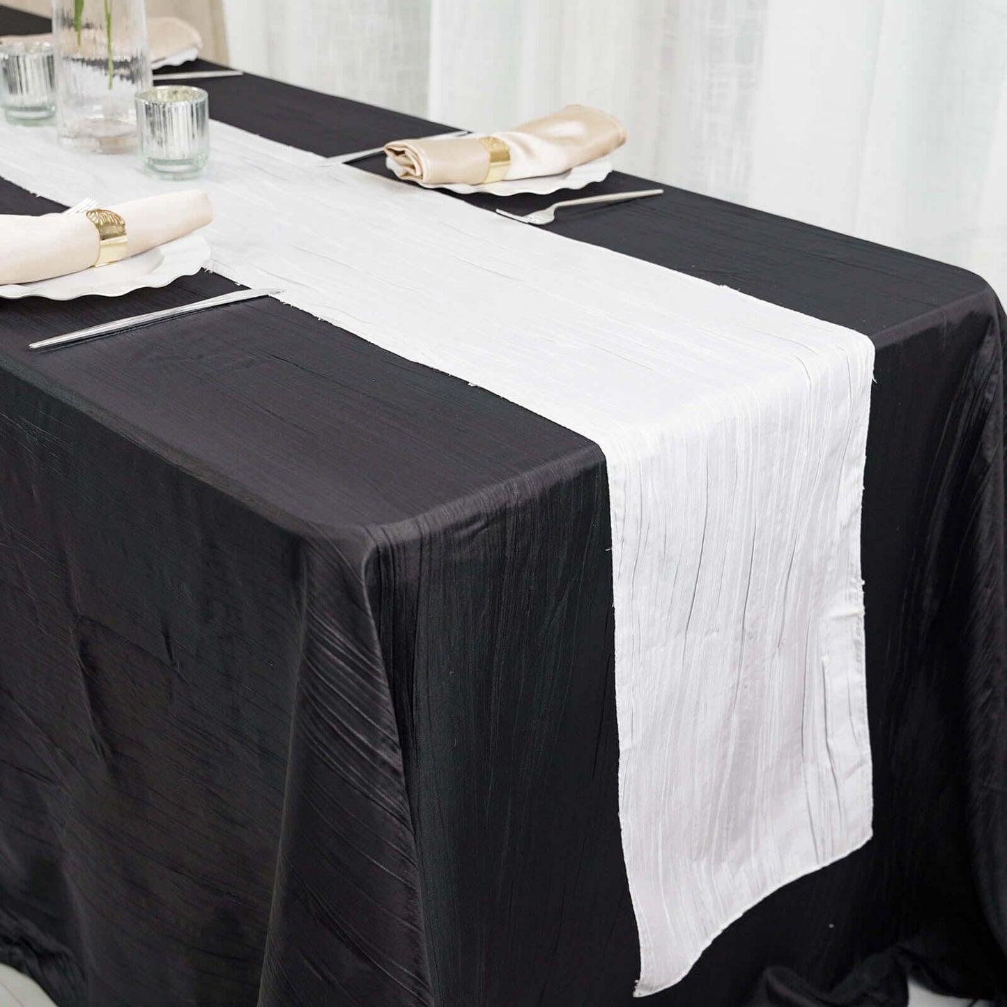 Taffeta 12"x108" Table Runner White - Accordion Crinkle Design for Modern Gatherings
