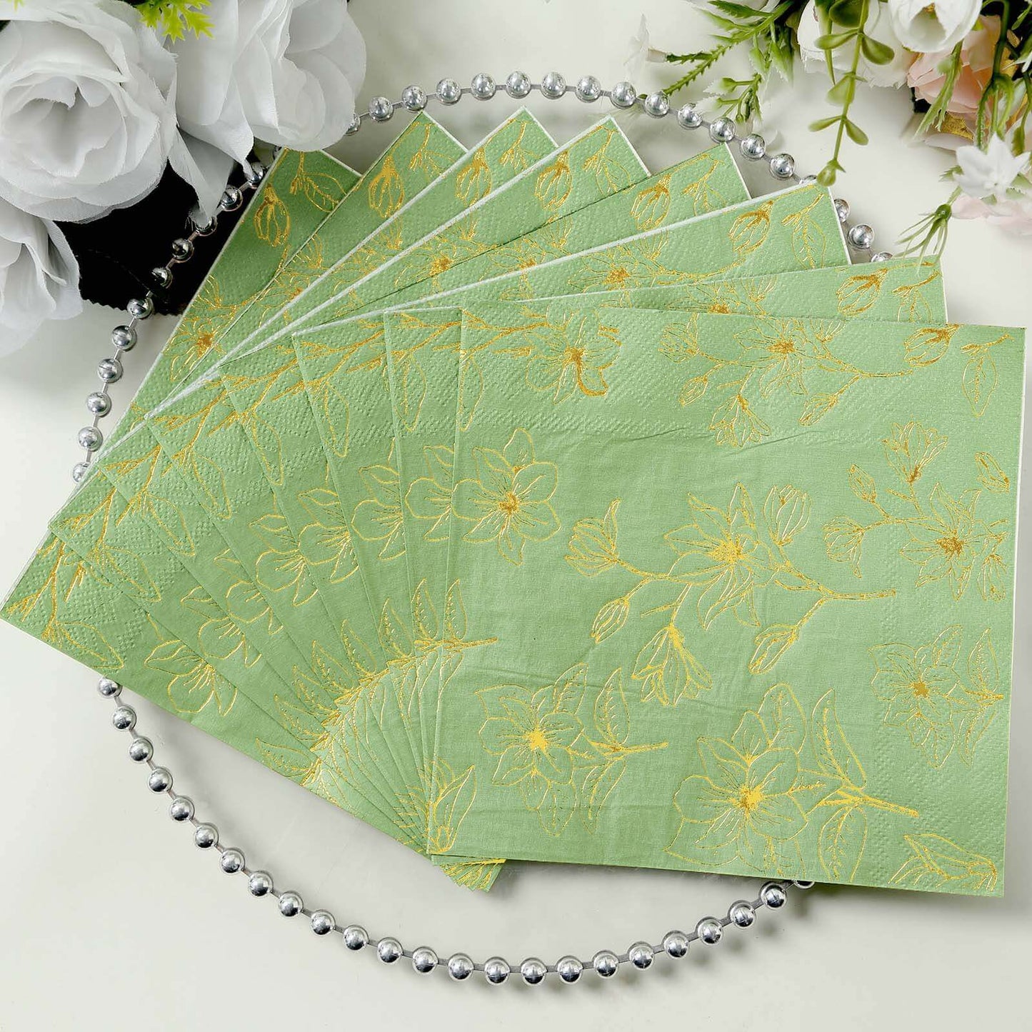 50-Pack Paper Cocktail Napkins with Gold Magnolia Flowers Print Sage Green - Highly 2 Ply Absorbent Soft Napkins for Beverages
