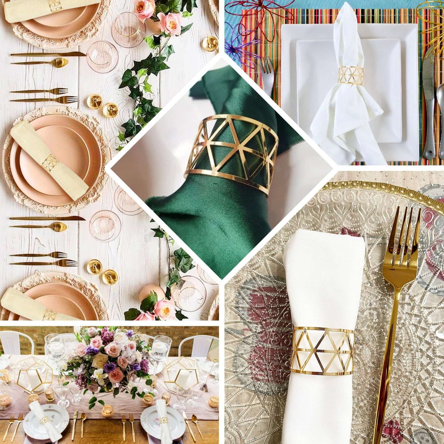 5 Pack Metallic Gold Geometric Napkin Rings, Paper Napkin Holders