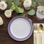 10-Pack Plastic Round Dessert Plates 7" White with Navy Blue Gold Spiral Rim - Disposable Salad Plates