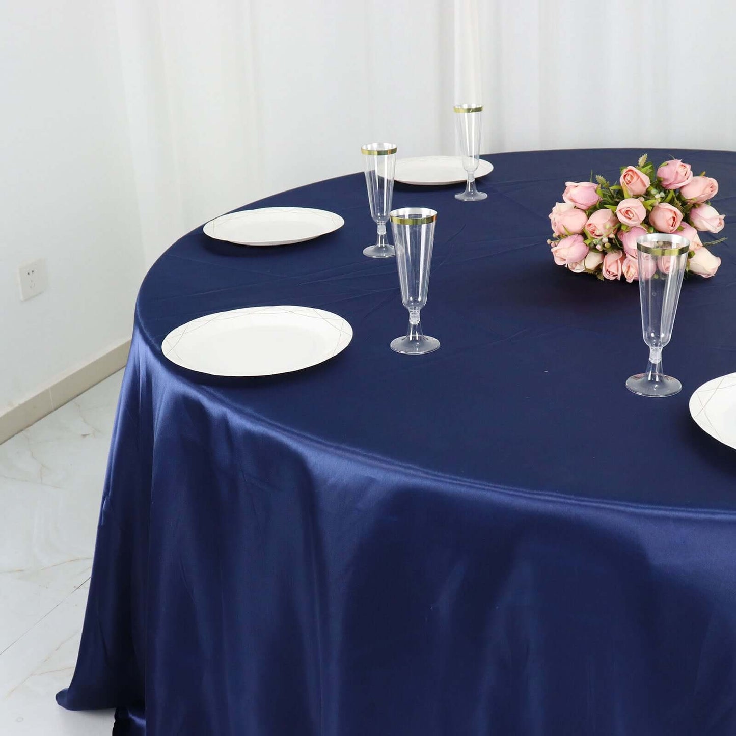 Satin 132" Round Tablecloth Navy Blue - Stylish Seamless Table Cover