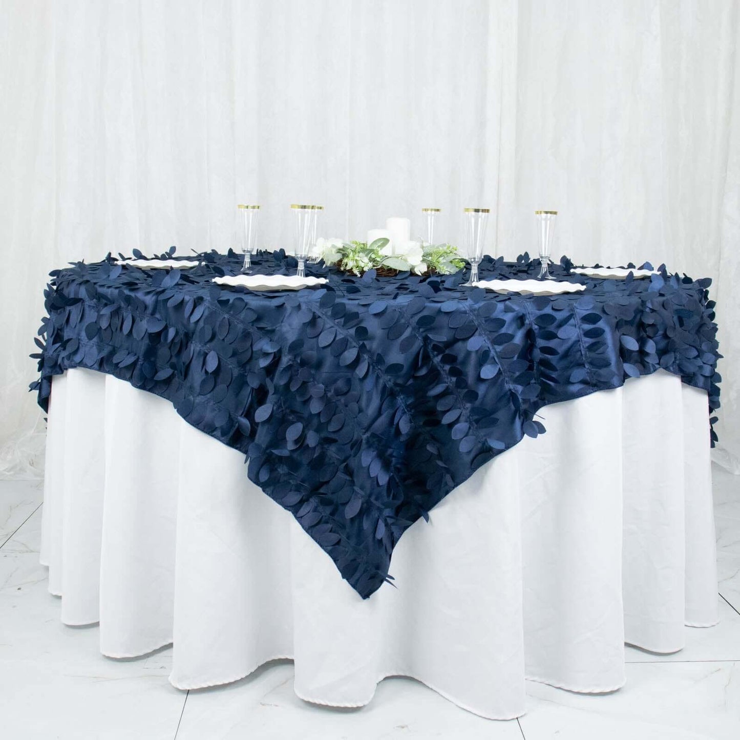 Taffeta 72"x72" Table Overlay Square Tablecloth Navy Blue - 3D Leaf Petal Table Cover