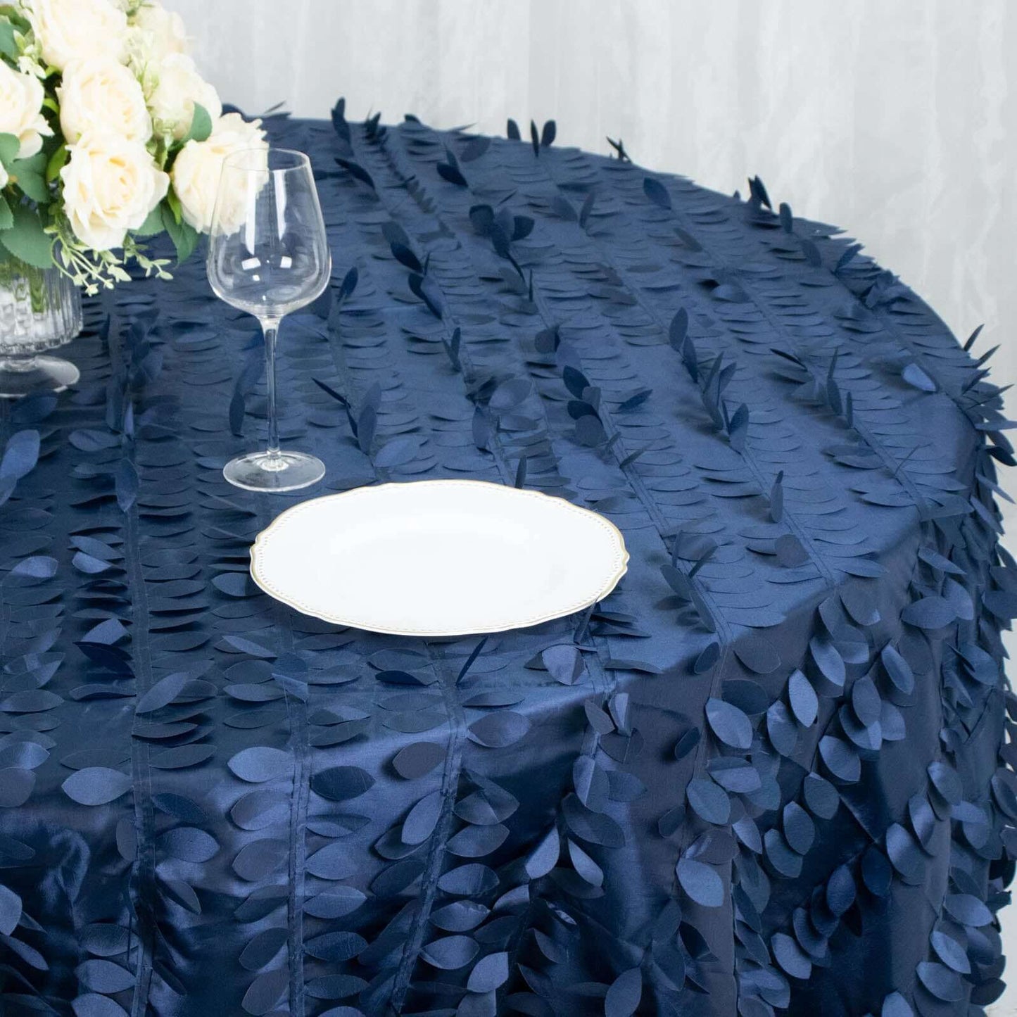Taffeta 132" Round Tablecloth Navy Blue | 3D Leaf Petal Design Seamless Table Cover