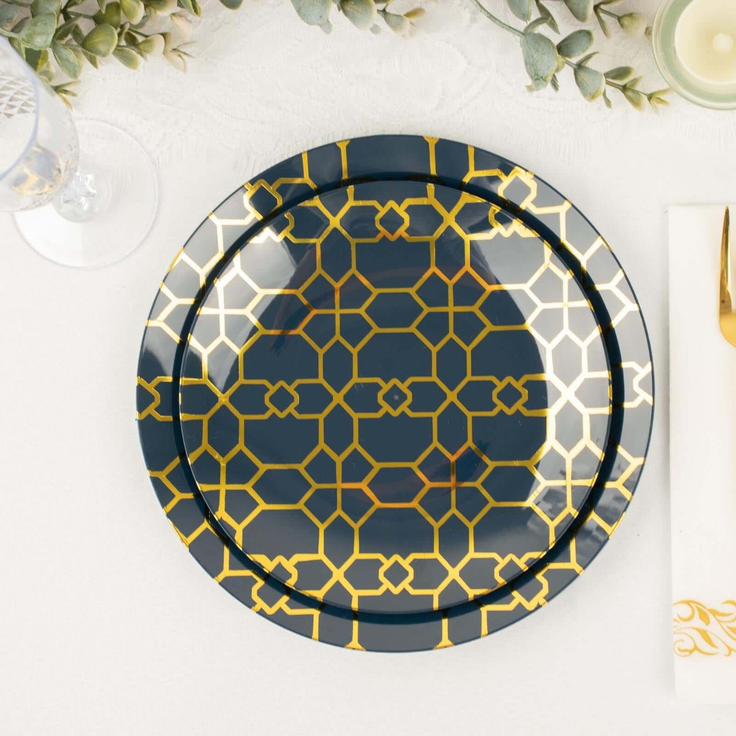 20-Pack Set Plastic Round Dinner and Salad Plates in Navy Blue with Geometric Gold Print - Modern Disposable Dinnerware Set for Weddings & Celebrations 9", 7"