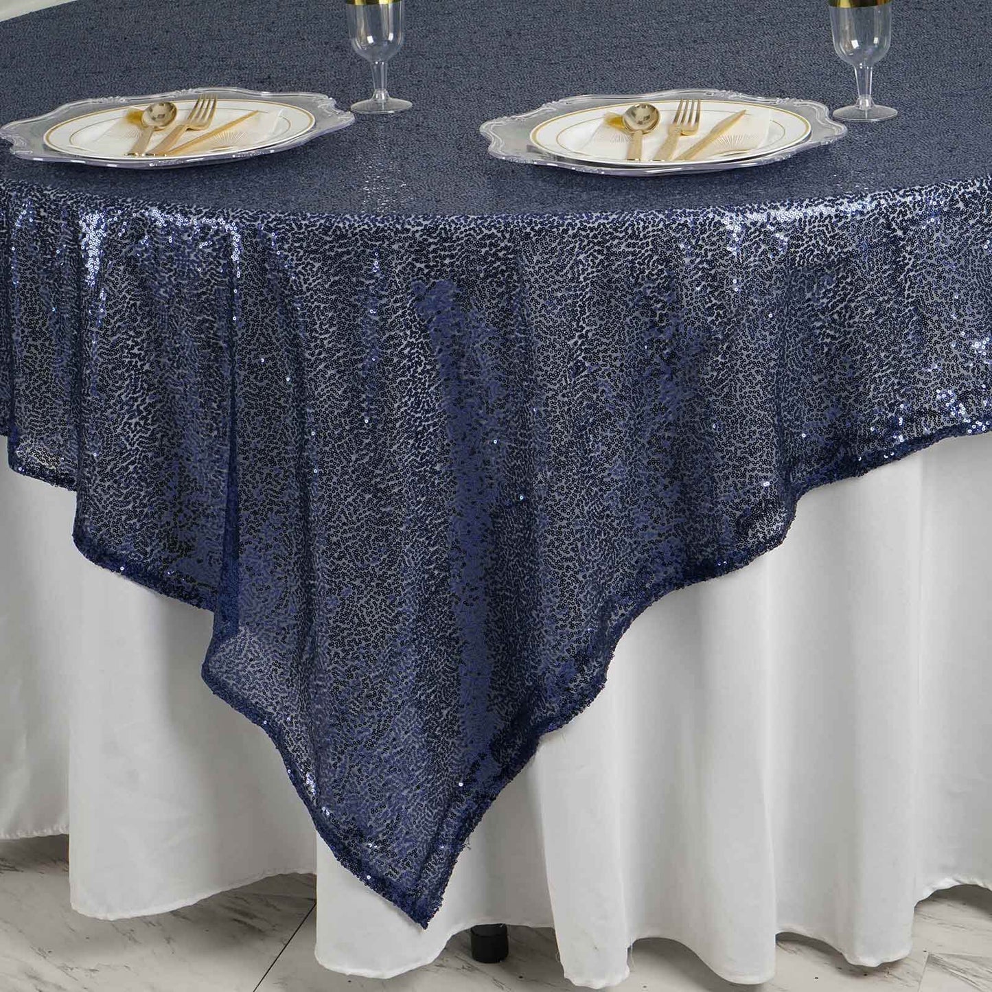 Sequin 90"x90" Table Overlay Square Tablecloth Navy Blue - Sparkly Table Cover