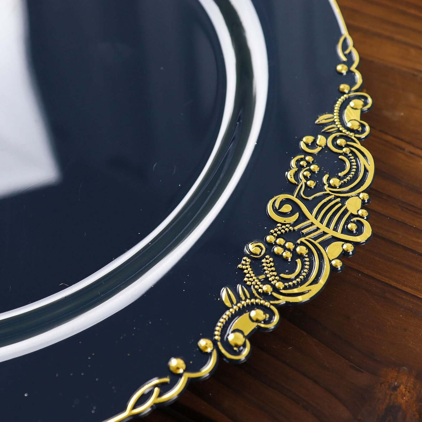 10-Pack Plastic 10" Round Dinner Plates in Navy Blue with Gold Leaf Embossed Rim - Disposable Vintage Baroque Style Plates