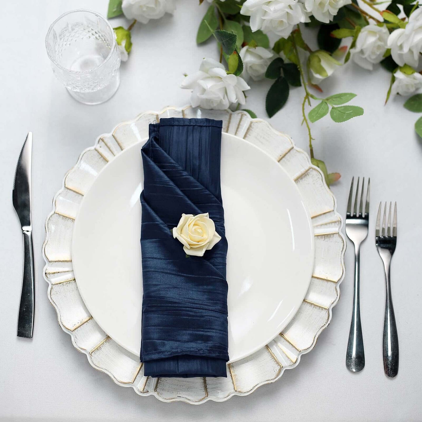5 Pack Taffeta 20"x20" Napkins Navy Blue - Accordion Crinkle Dinner Napkins