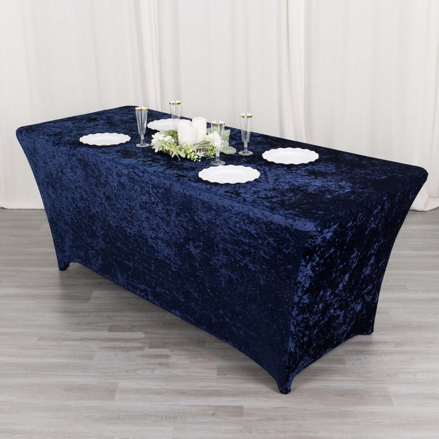 Crushed Velvet Fitted Rectangular 6ft Table Cover Navy Blue - Wrinkle-Free Stretchy Tablecloth