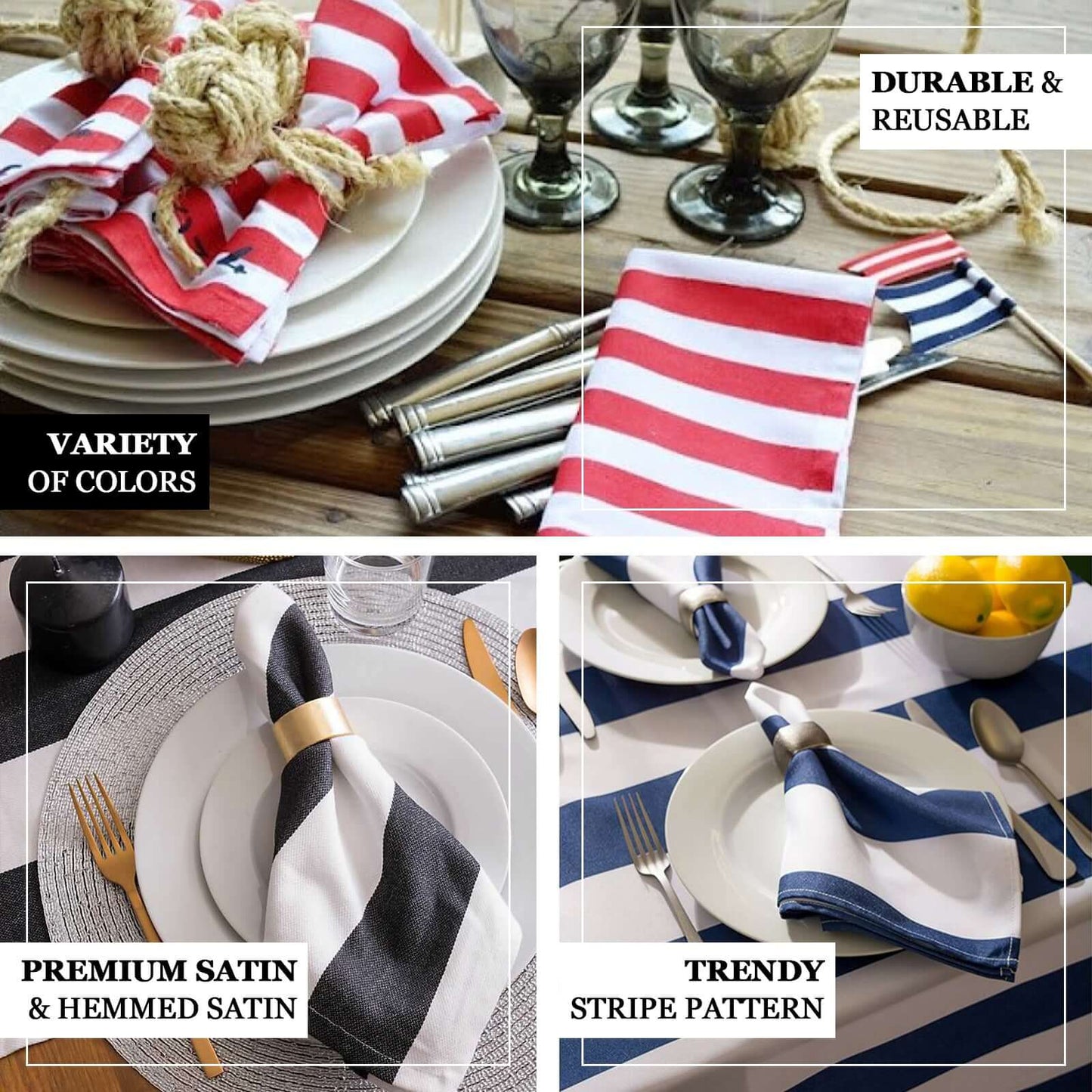 5 Pack Satin 20"x20" Napkins Navy Blue/White - Striped Reusable Dinner Napkins
