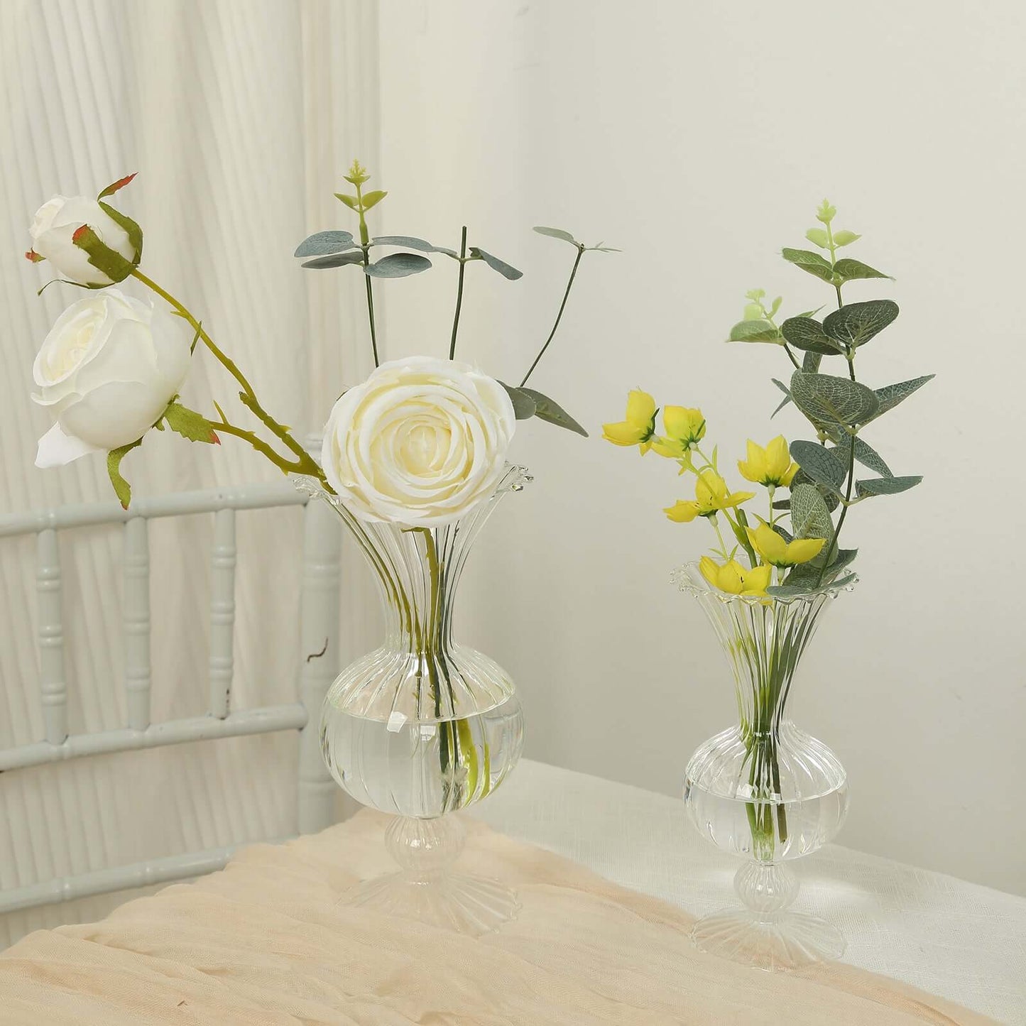 Set of 4 Glass Flower Vases Nordic Style with Petals Texture Clear - Transparent Bud Planters for Wedding Table Decor 7", 9"