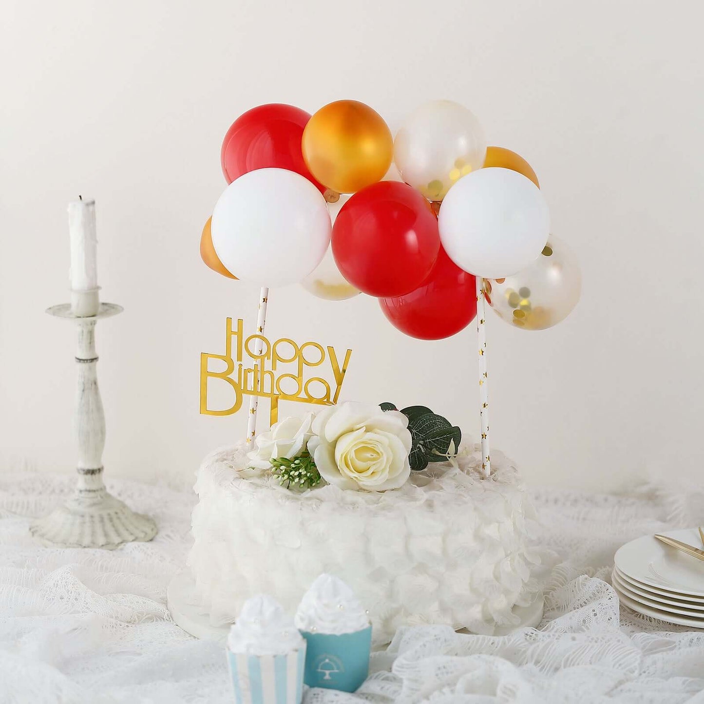14 Pcs Balloon Cake Topper Clear, Gold, Red and White - Whimsical Clustered Mini Garland Cake Inserts DIY Party Decorations