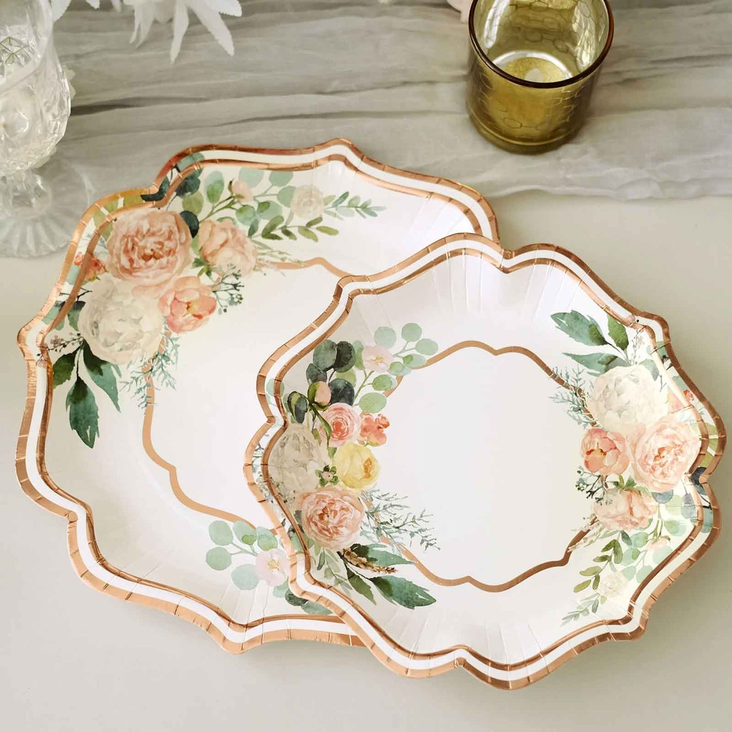25-Pack Paper 8" Dessert Plates in White with Floral Print & Rose Gold Scallop Rim - Disposable 300GSM Appetizer Salad Plates