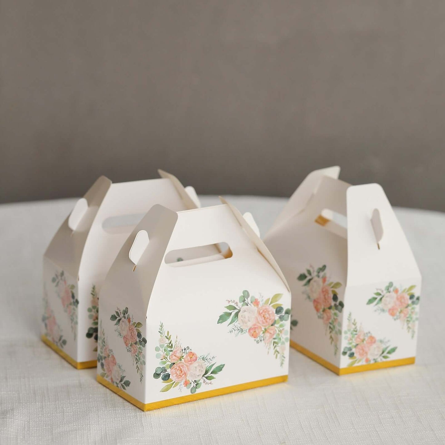 25 Pack White Pink Peony Flowers Print Candy Gift Tote Gable Boxes with Gold Edge, Party Favor Treat Boxes - 6"x3.5"x7"