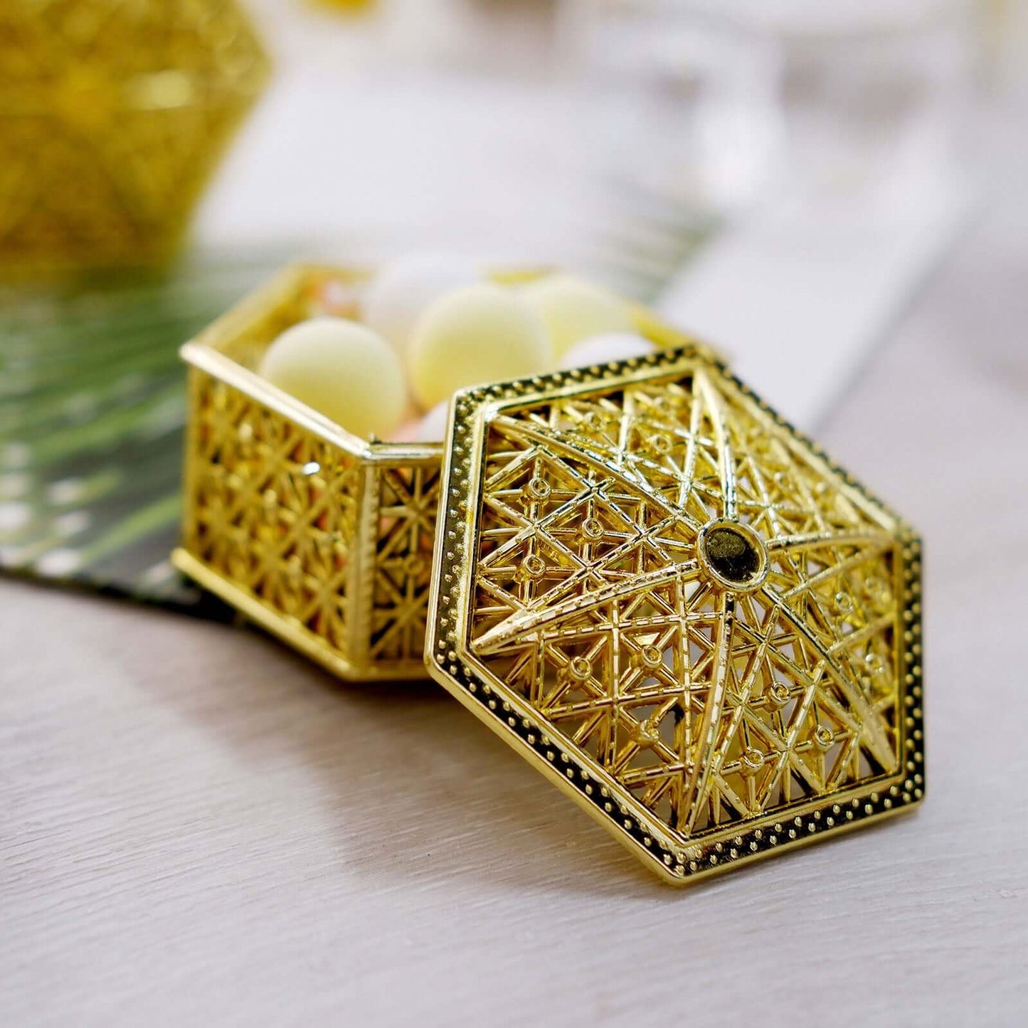 12-Pack Vintage Hexagon Gift Box Candy Containers Gold - Stylish Hollow Favor Boxes for Jewelry 3"