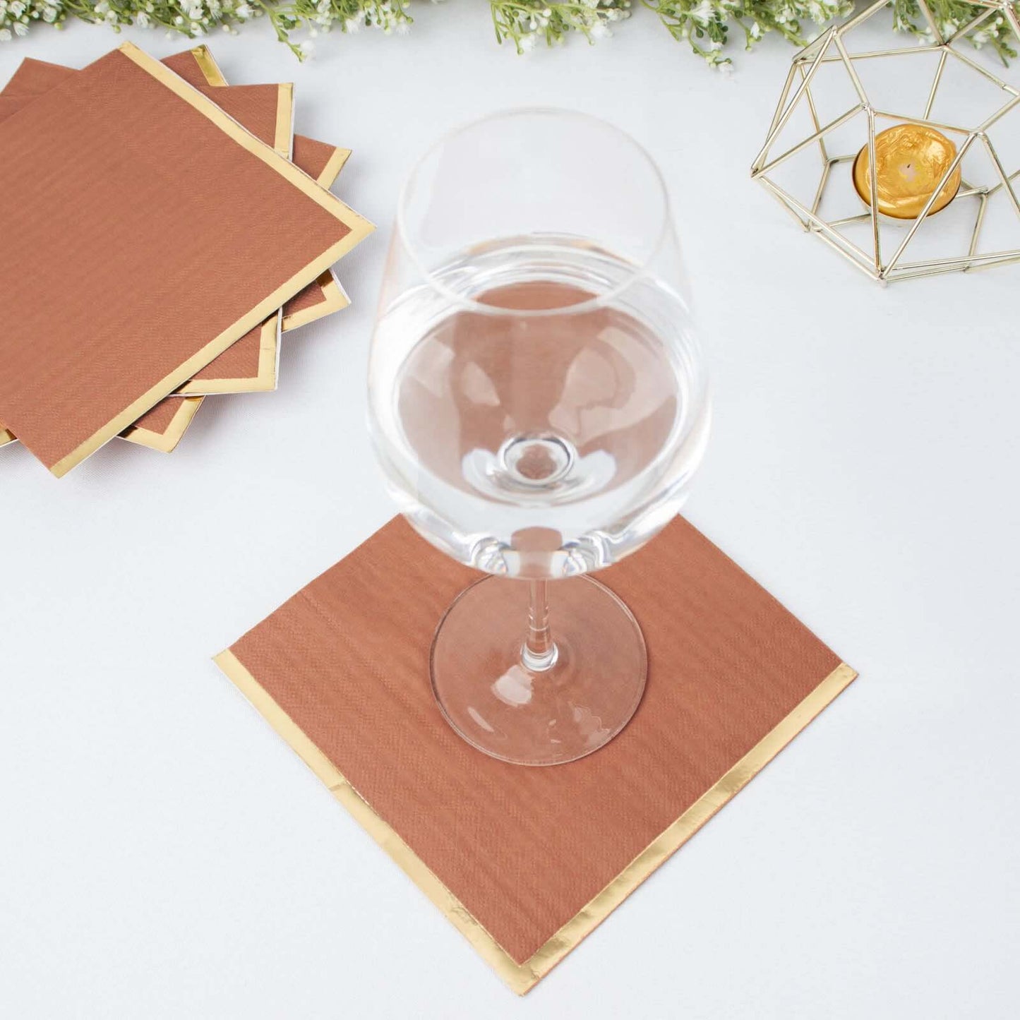 50-Pack Paper Beverage Napkins with Gold Foil Edge Terracotta (Rust) - Disposable 2 Ply Cocktail Napkins for Events 6.5"x6.5"