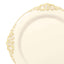 10-Pack Plastic 8" Round Dessert Plates in Ivory with Gold Leaf Embossed Rim - Disposable Vintage Baroque Style Salad Plates