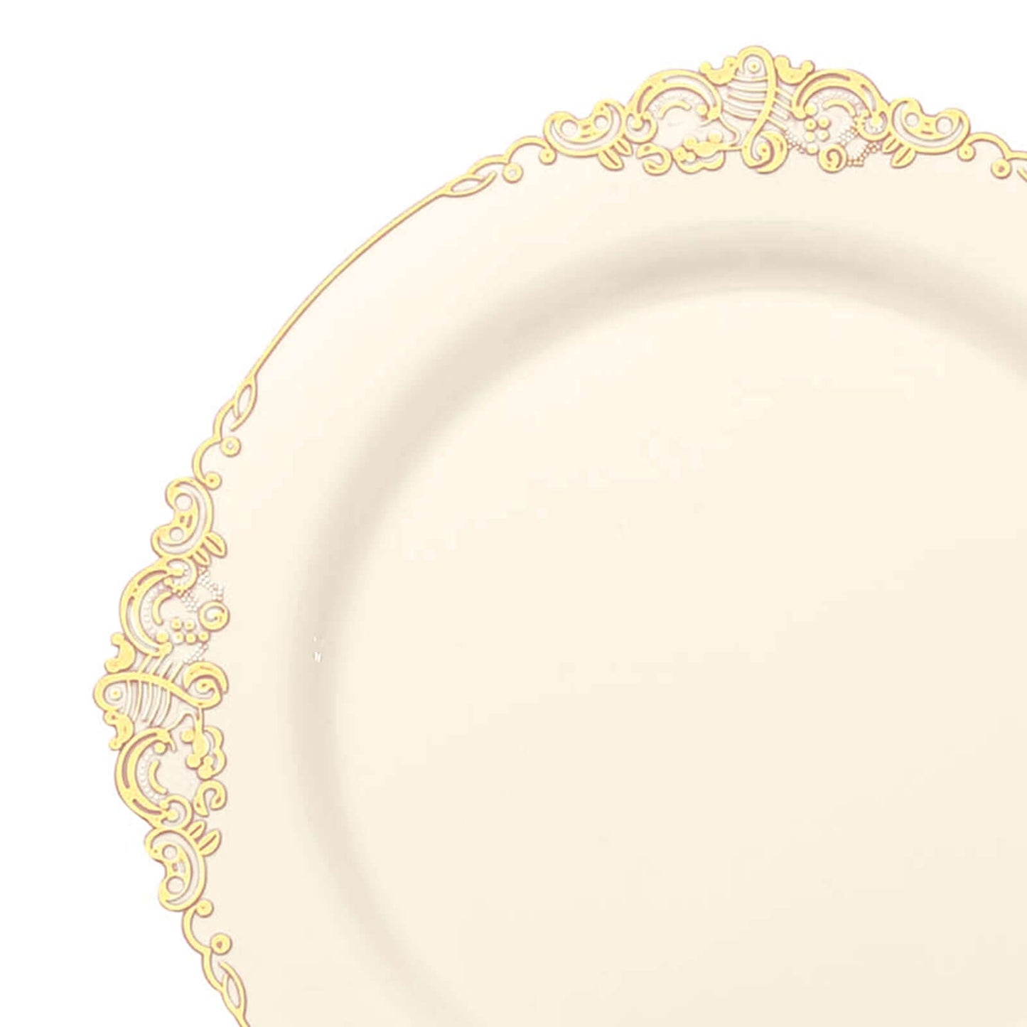 10-Pack Plastic 8" Round Dessert Plates in Ivory with Gold Leaf Embossed Rim - Disposable Vintage Baroque Style Salad Plates