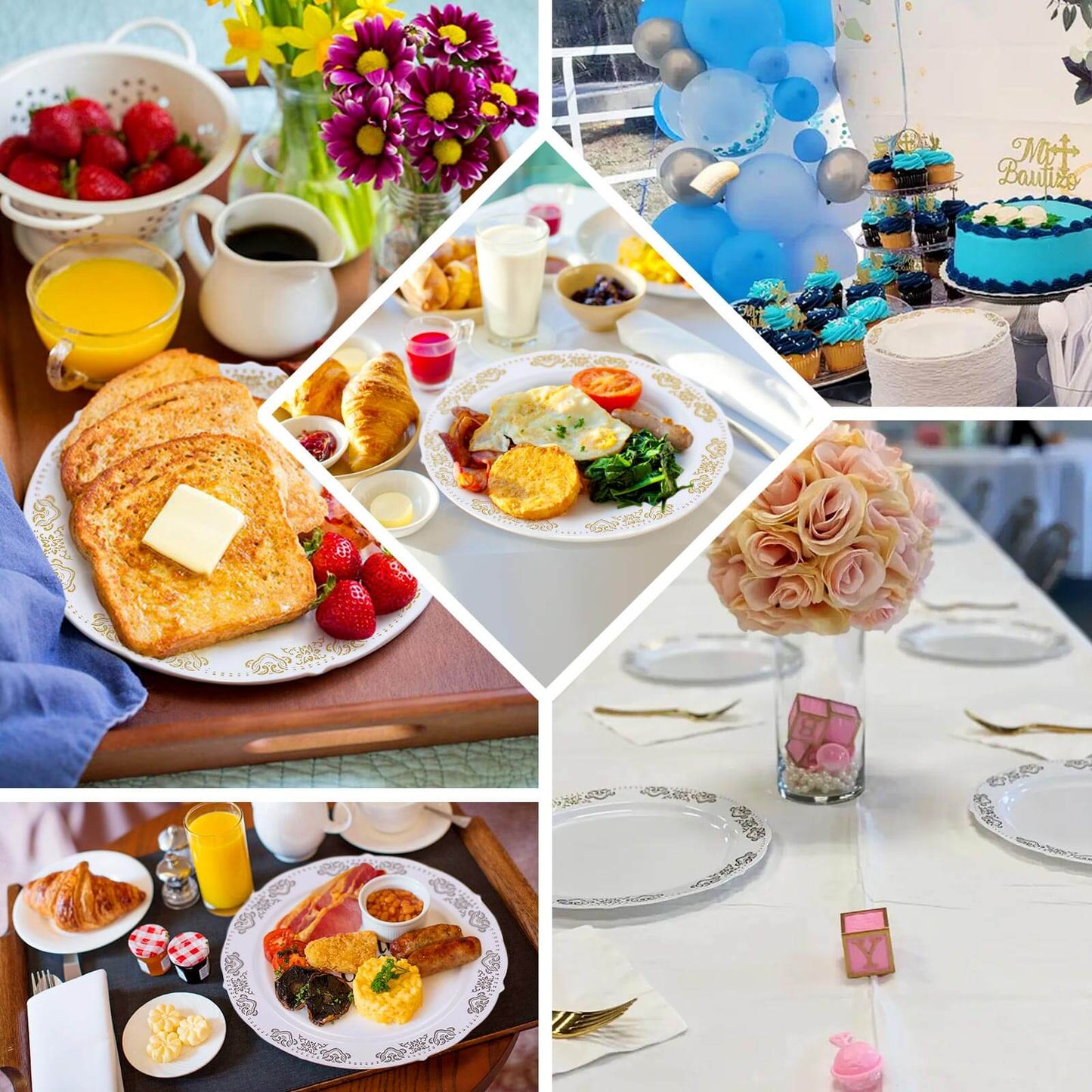 10-Pack Plastic 10" Round Dinner Plates in White with Blue Vintage Embossed Rim - Sturdy Disposable Scalloped Edge Party Plates