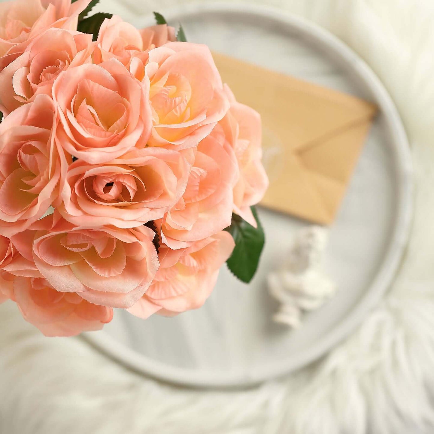 12" Peach Artificial Velvet-Like Fabric Rose Flower Bouquet Bush