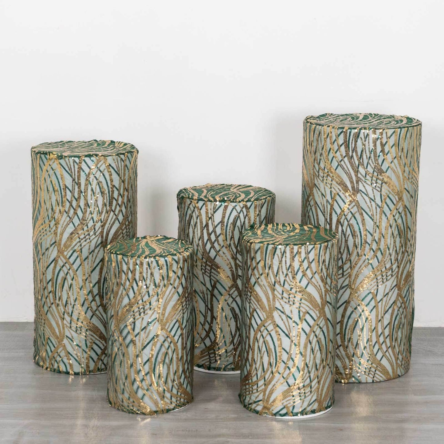 Set of 5 Hunter Green Wave Mesh Cylinder Pedestal Stand Covers with Embroidered Sequins, Emerald Pillar Prop Covers - 160 GSM
