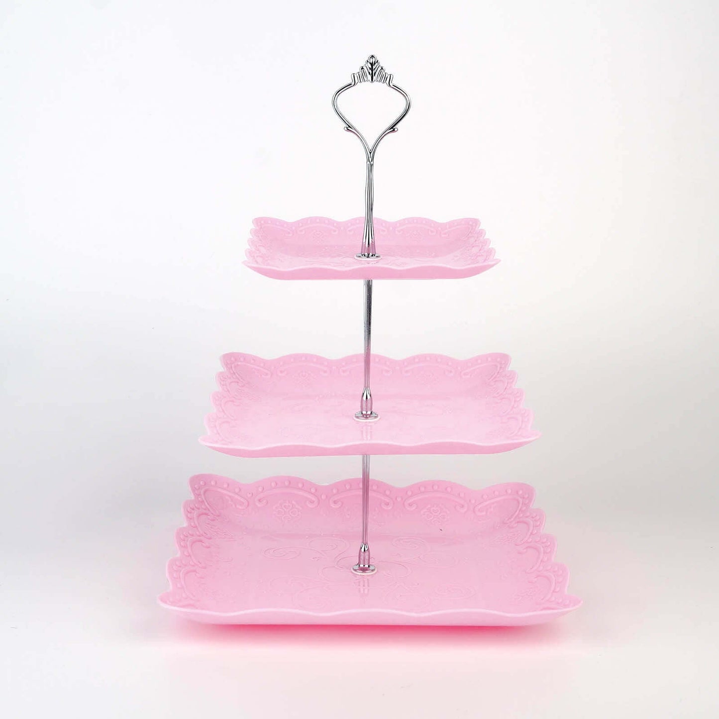 3-Tier Plastic Square Cupcake Stand Tower Pink - Charming Easy to Assemble Dessert Display Serving Tray Platter with Floral Embossed Scalloped Rim & Silver Handle for Tea Parties Weddings & Special Occasions 13"