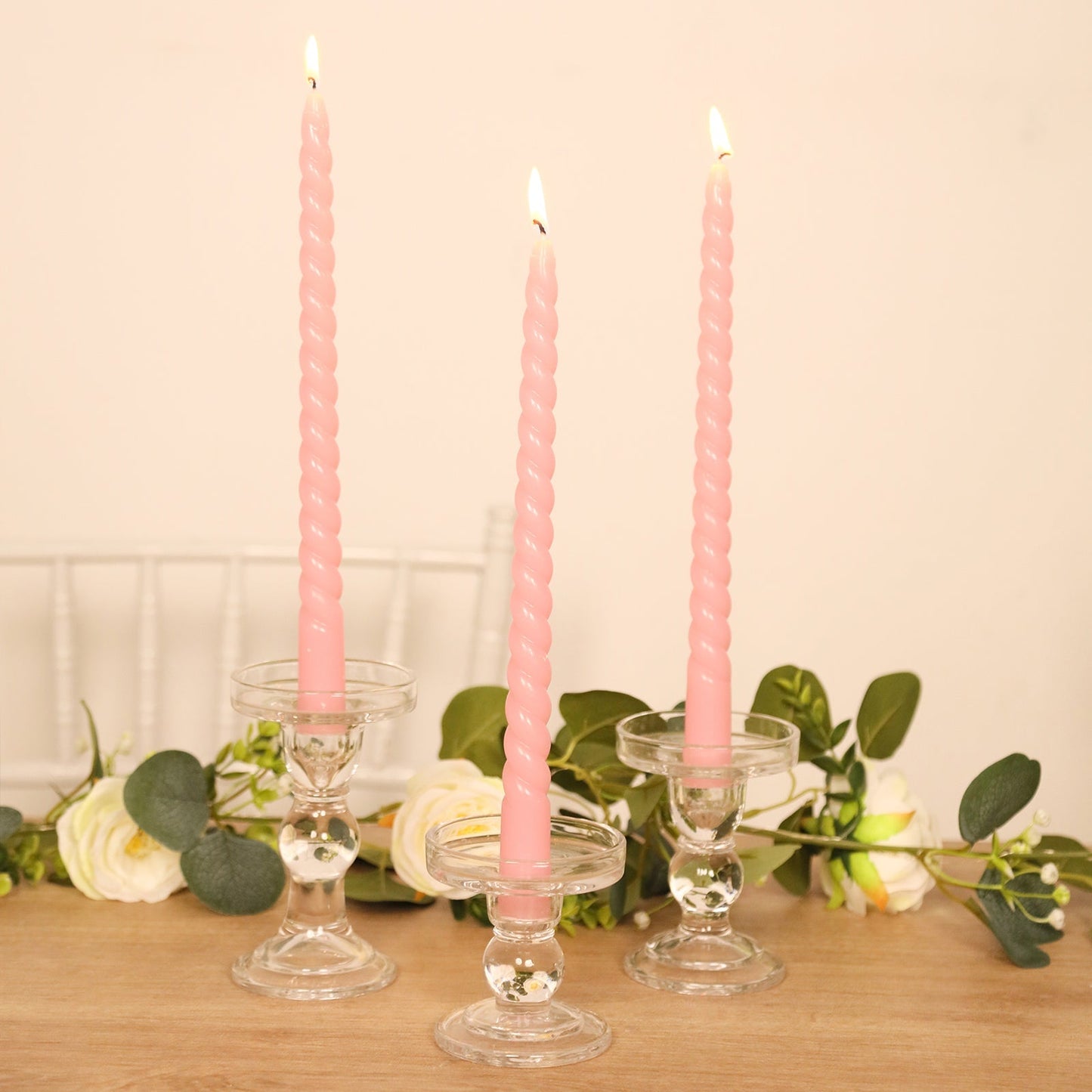 12-Pack Taper Candles Spiral Long Burn Wick Design Pink - Premium Unscented Wax Dinner Candle Sticks 11"