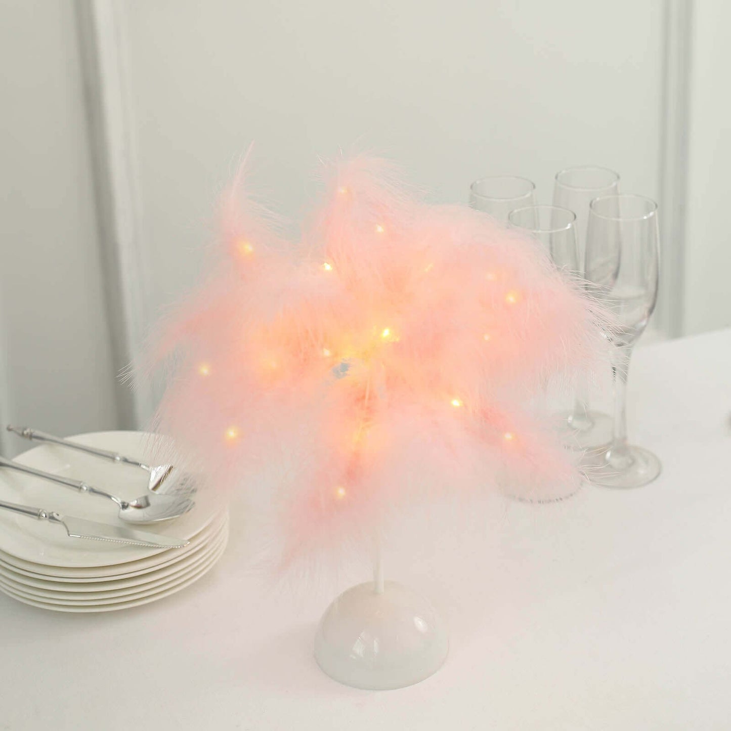 Table Lamp Feather Design Blush LED Battery Operated - Cordless Wedding Centerpiece 15"