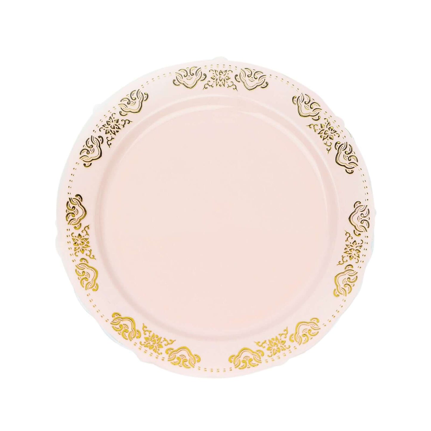 10-Pack Plastic 7.5" Round Appetizer Plates in Blush with Gold Embossed Scalloped Edge - Chic Disposable Salad Plates for Special Occasions & Banquets