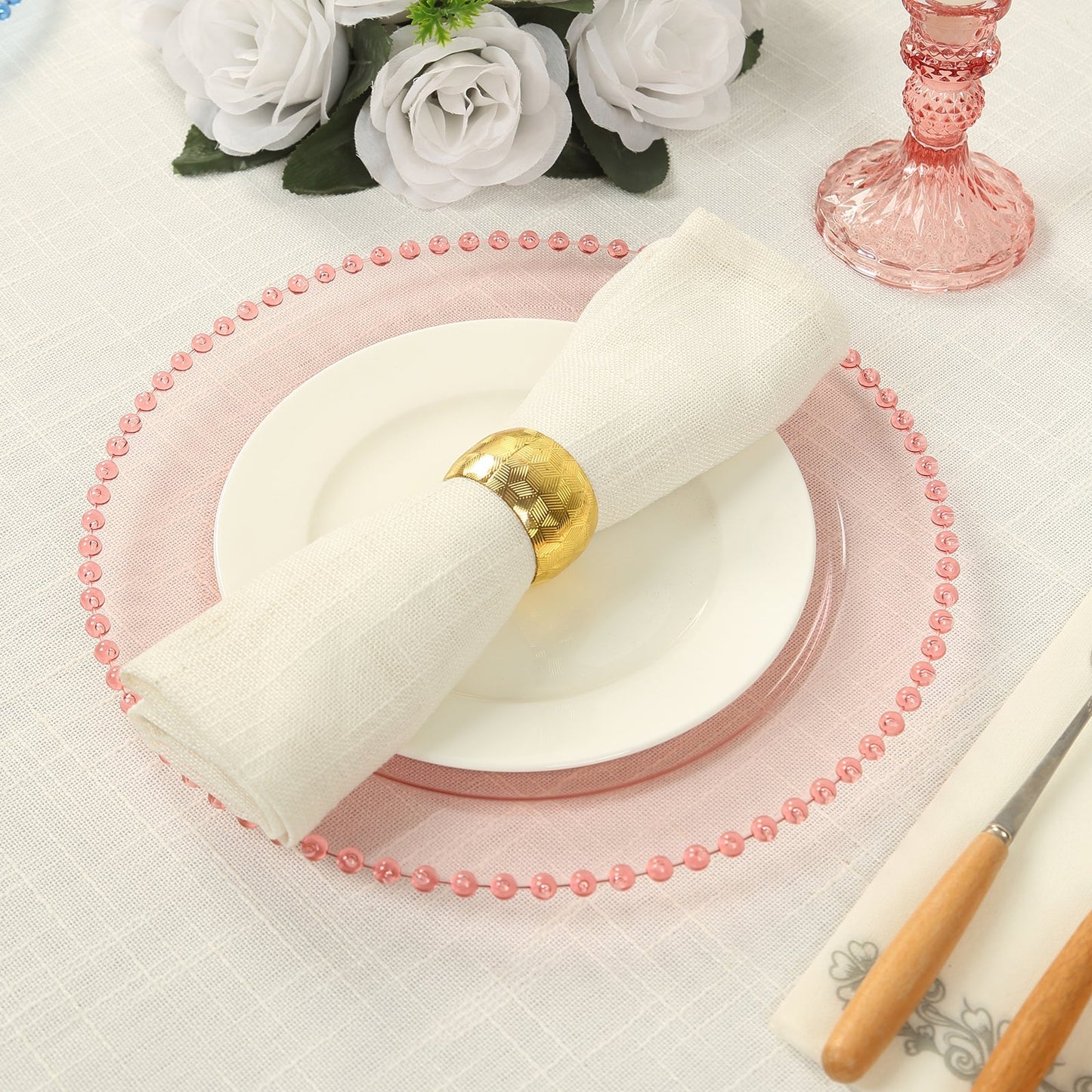 10-Pack Plastic 10" Round Dinner Plates in Transparent Blush with Beaded Rim - Disposable Party Plates for Banquets & Festive Occasions