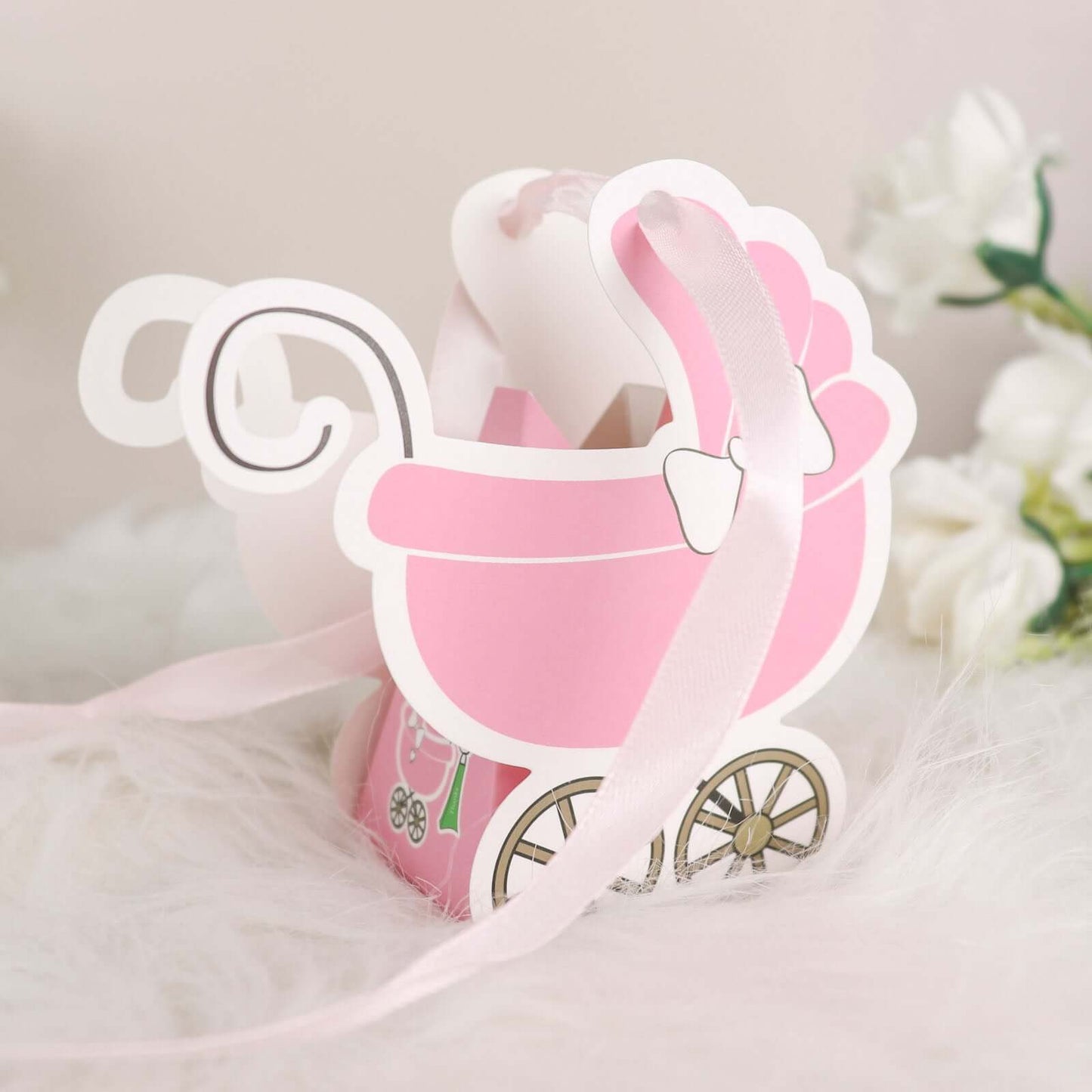 25 Pack Pink Baby Paper Stroller Party Favor Gift Boxes, Cardstock Carriage Candy Boxes with Ribbon Ties - 4.5"x2"x4"