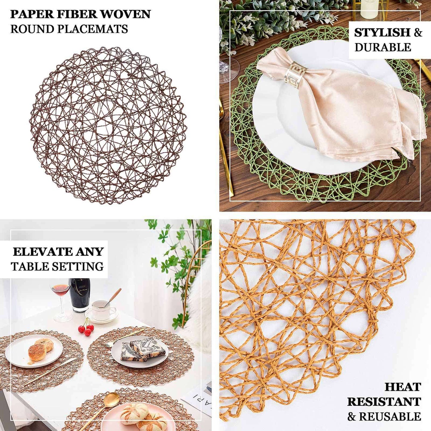 6-Pack Table Placemats Woven Fiber Design Blush Round - Disposable Mats for Dining and Events 15"