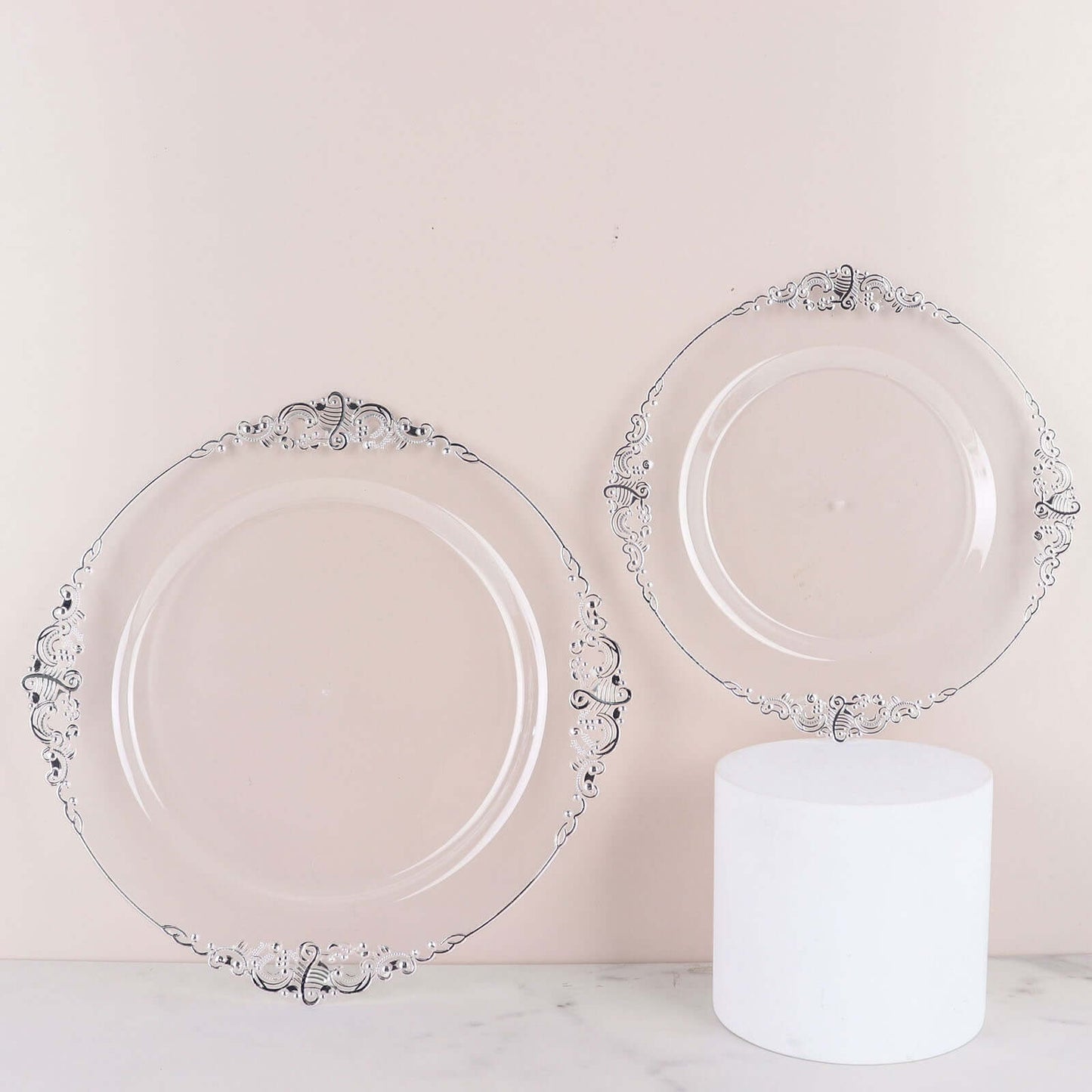 10-Pack Plastic 10" Round Dinner Plates in Clear with Silver Leaf Embossed Rim - Disposable Vintage Baroque Style Plates