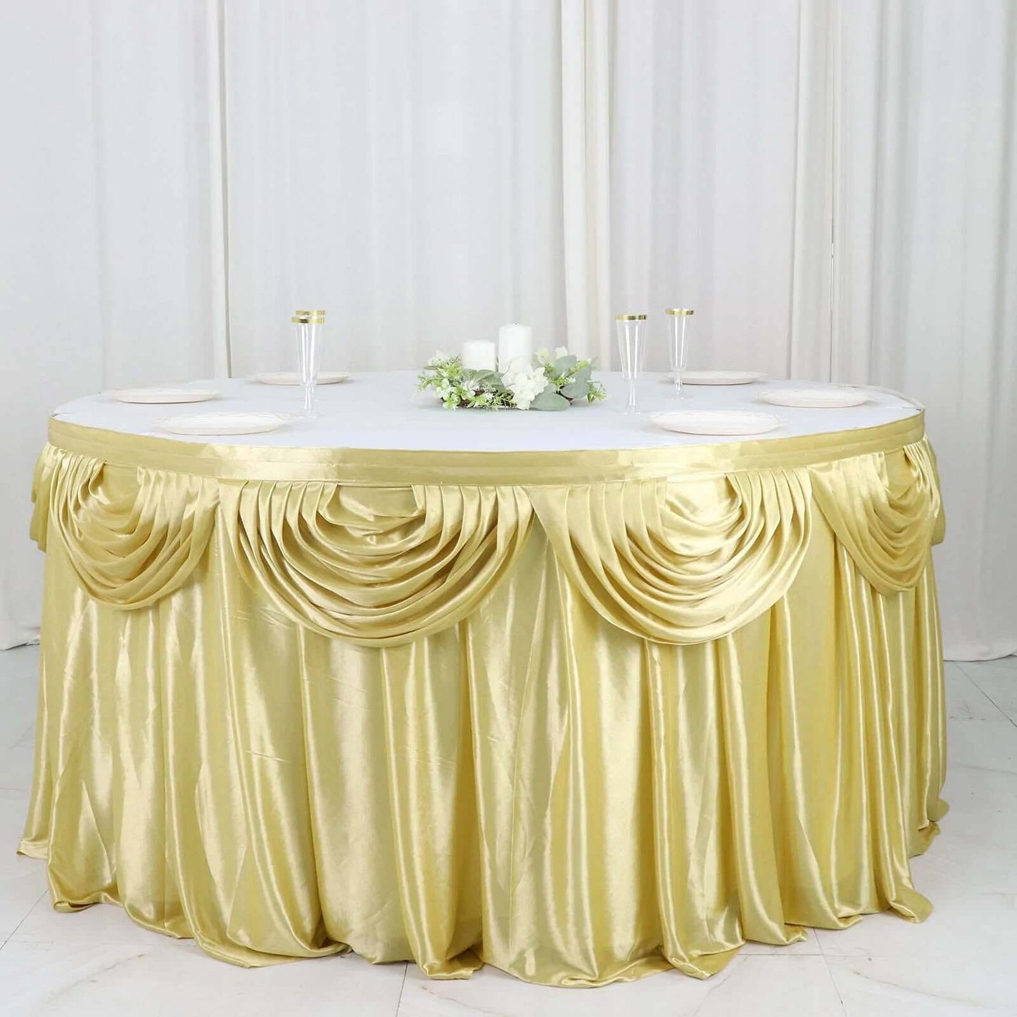 Satin 14ft Table Skirt Champagne - Pleated Double Drape Table Cover
