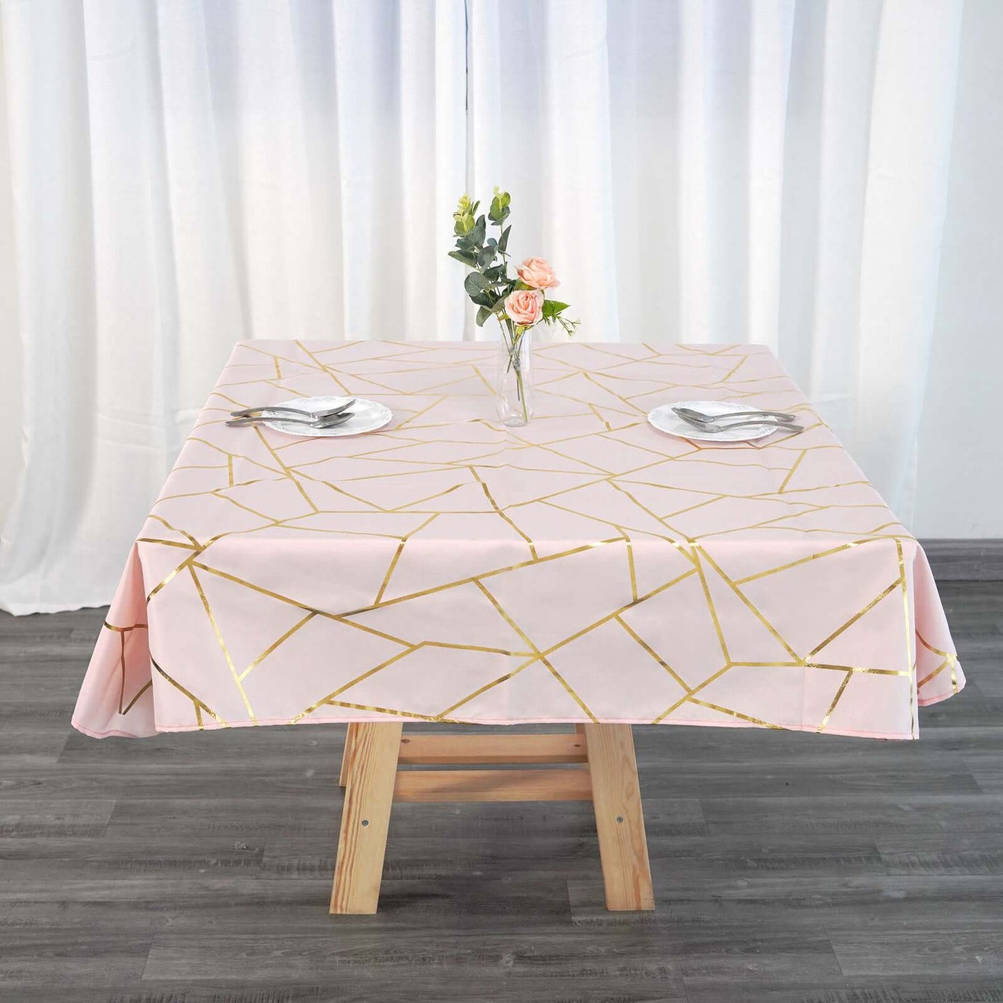 Polyester 54"x54" Square Tablecloth Blush with Gold Foil Geometric Pattern - Wrinkle-Resistant & Durable Table Cover