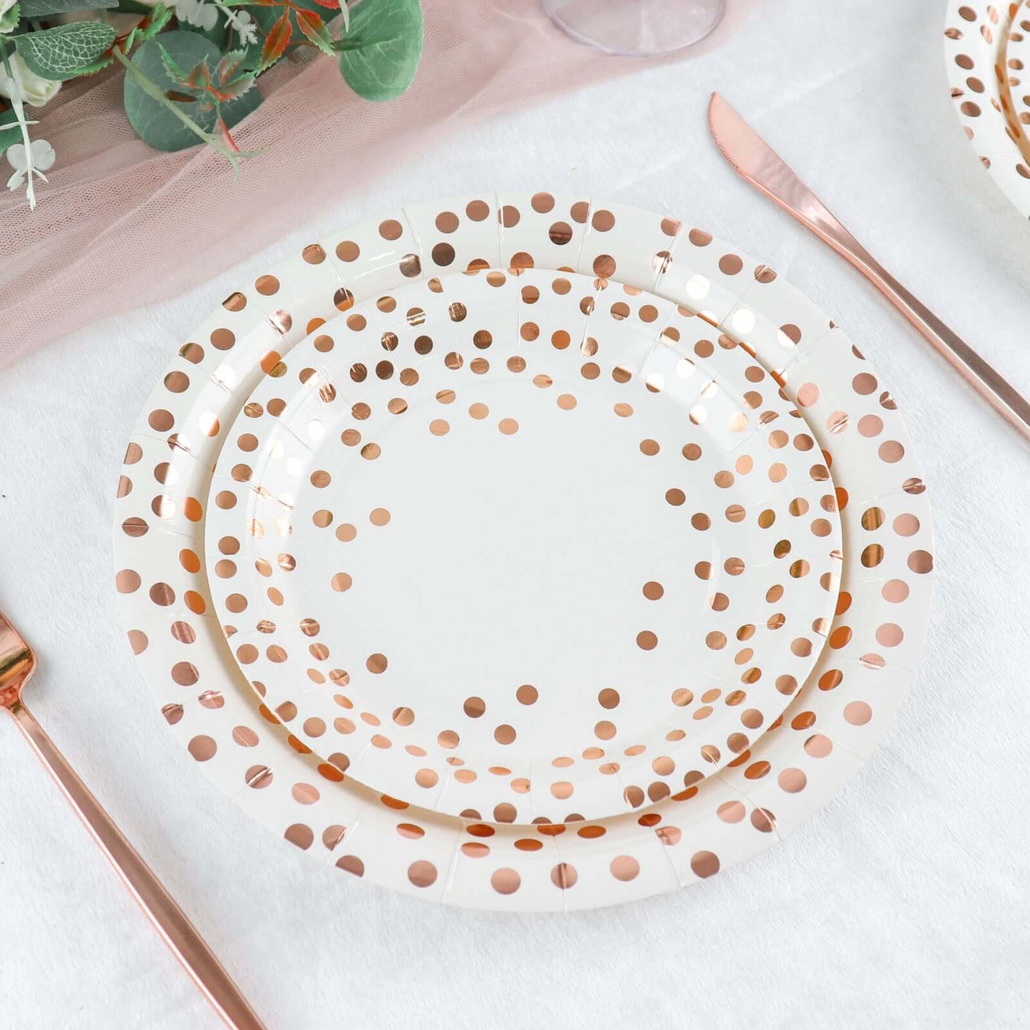 25-Pack Paper Round Dinner Plates 9" White with Metallic Rose Gold Polka Dots - Disposable 300GSM Party Plates for Banquets & Celebrations