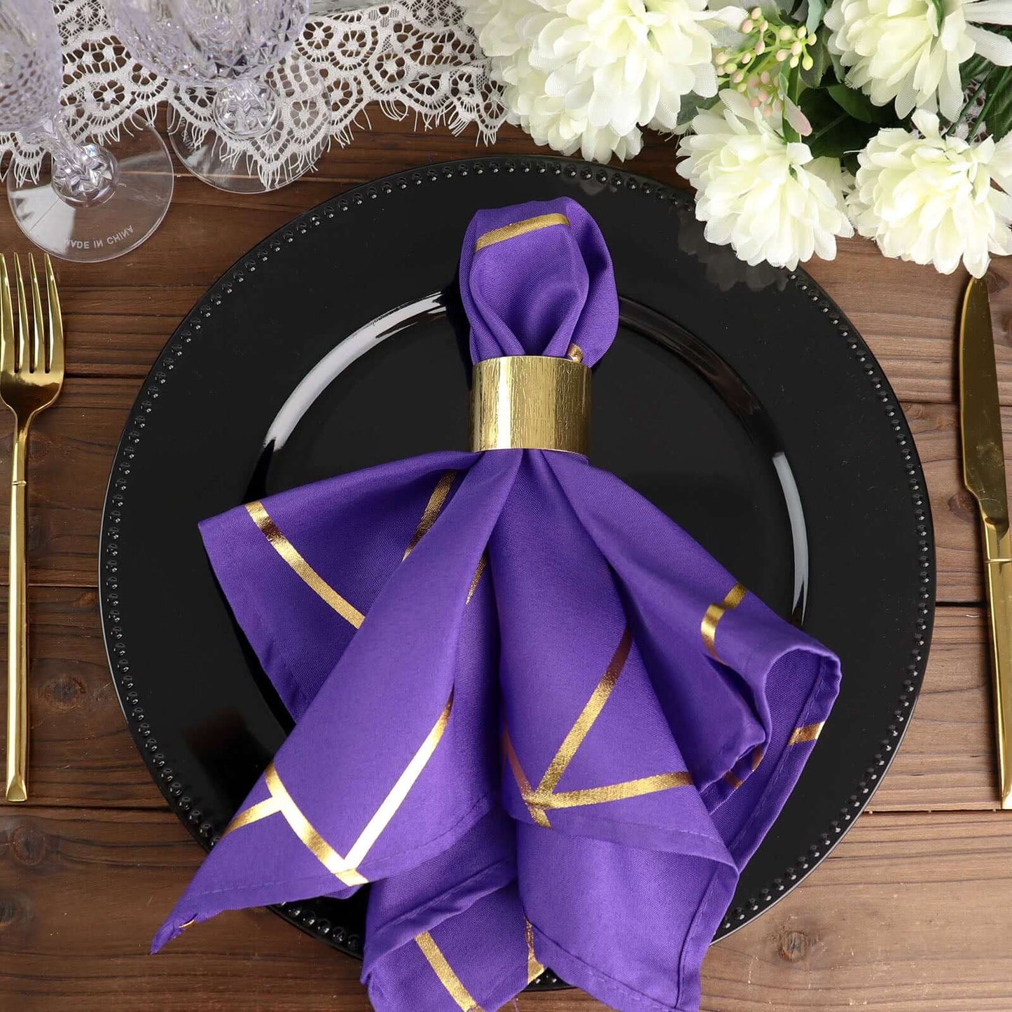 5 Pack Polyester 20"x20" Napkins Purple with Gold Geometric Foil Pattern - Modern Reusable Dinner Napkins